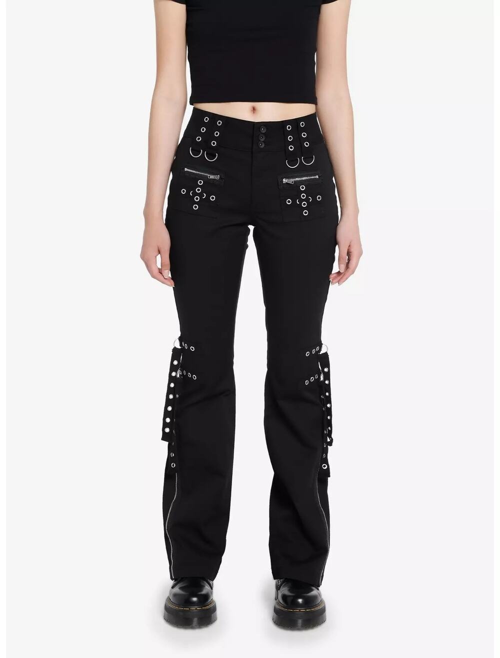Hot Topic Black Grommet Strap Zipper Flare Pants 9